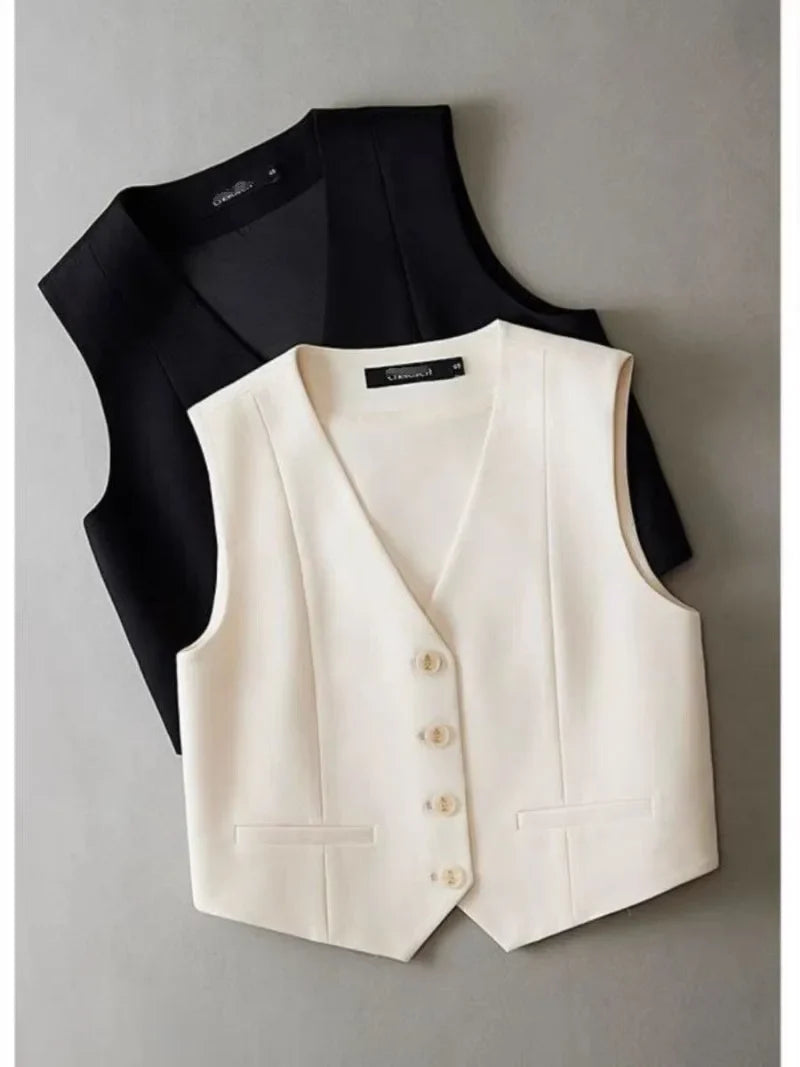 Women Fashion White Black Suit Vest New Short Style Sleeveless Jacket Office Lady V-Neck Casual Lined Blazers Vest Waistcoat