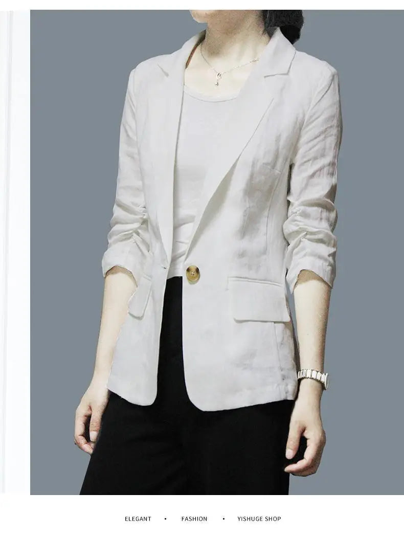 Women's Linen Blazer Casual Slim Fit Single Button Notched Lapel Lightweight Suit Jacket