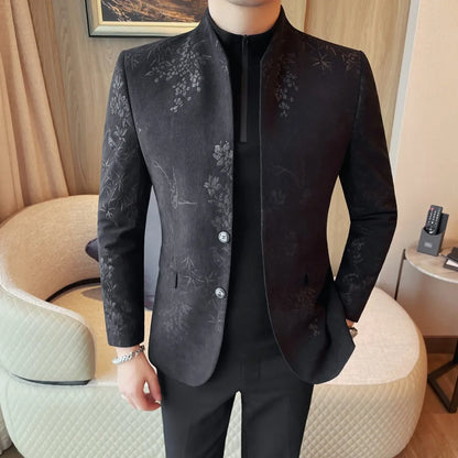 2025 Spring Trendy Jacquard Suit Jacket Men Stand Up Collar Casual Blazers Slim Wedding Business Streetwear Social Dress Coats