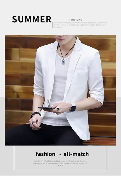 Summer 2025 Men's Mid-Sleeve Slim Fit Suit Korean Style Handsome Youth Seven-Quarter Jacket Small Suit Collection