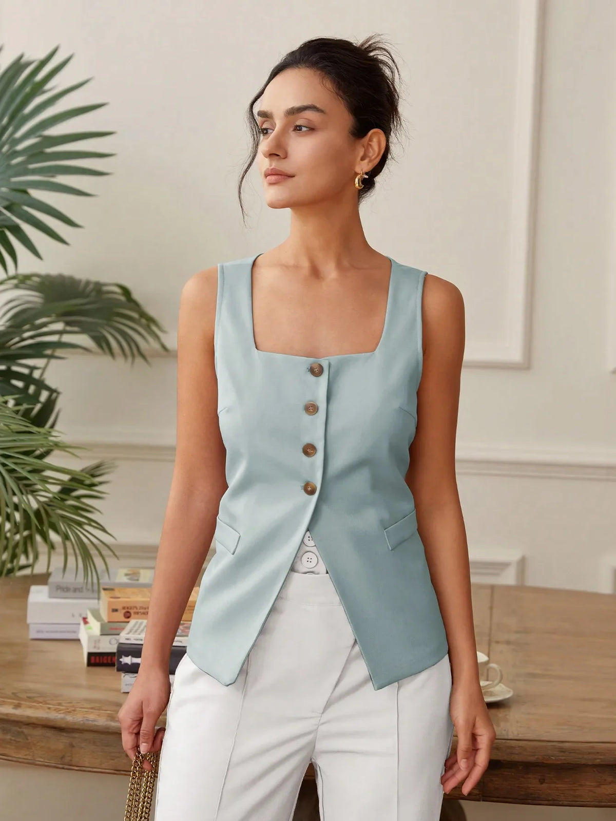 Summer temperament commuter vest vest solid color waistband square collar wide shoulder waistcoat