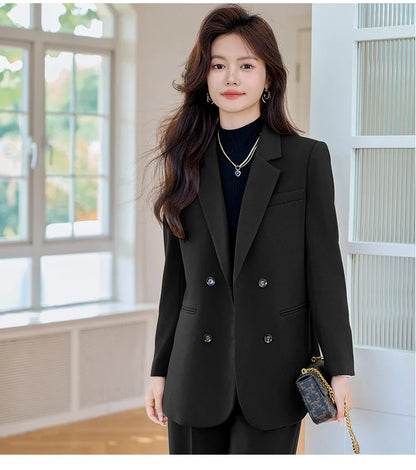 Autumn Winter 2024 New Apricot Coffee Black Elegant Double Breasted Blazer Top And Women High Waist Wide Leg Pant Two Piece Set