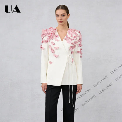 White Wrap Blazer with 3D Pink Floral Appliqué and Tie Waist for Wedding Garden Party Ethereal Romantic Outfit