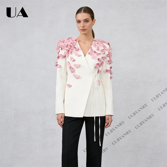 White Wrap Blazer with 3D Pink Floral Appliqué and Tie Waist for Wedding Garden Party Ethereal Romantic Outfit
