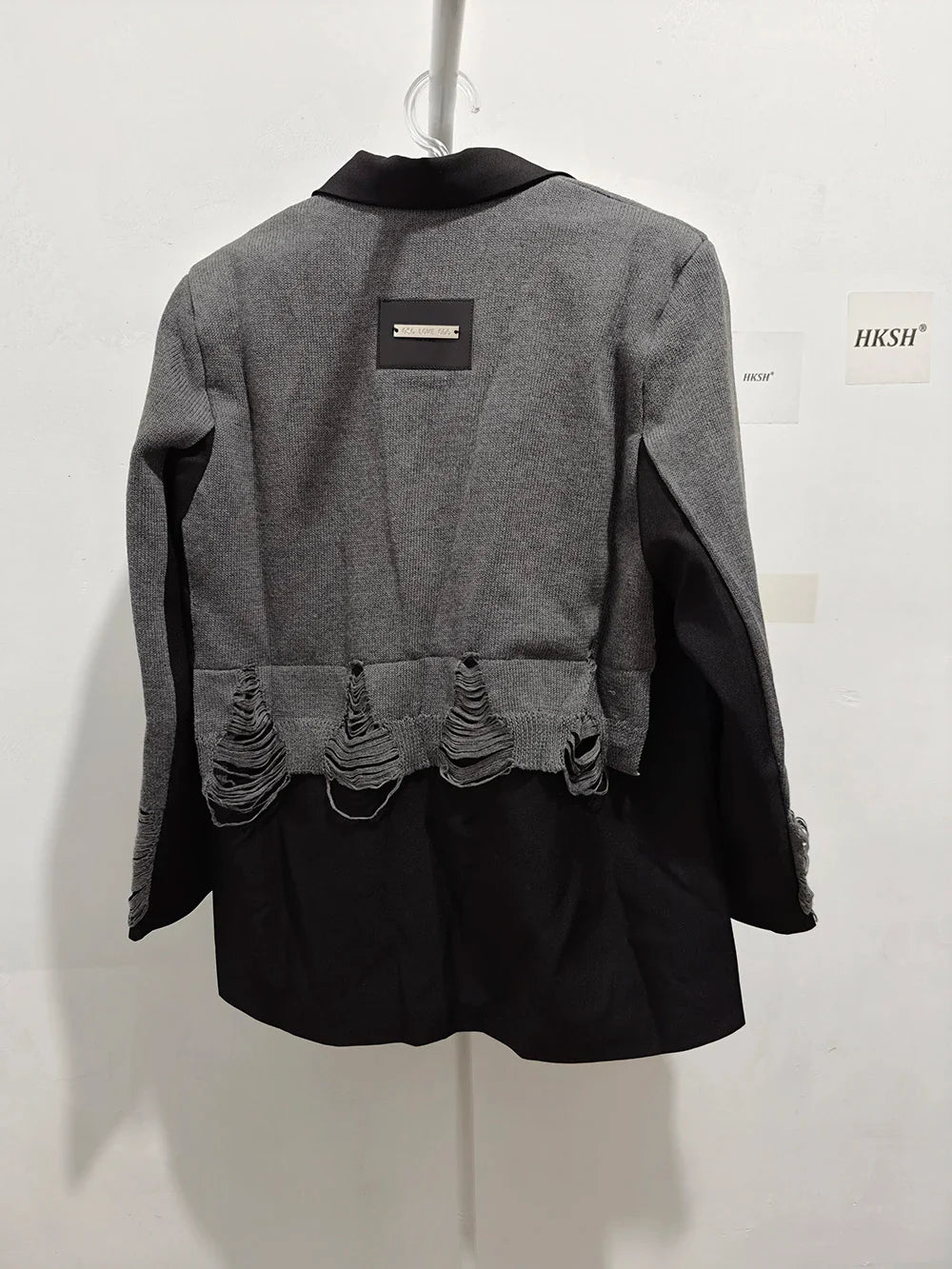 2025 Autumn New Women Blazer Notcged Collar Single Button Distressed Knitted Patchwork Color Block Tide Chic Jacket HK13269