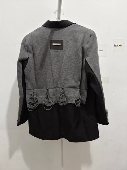 2025 Autumn New Women Blazer Notcged Collar Single Button Distressed Knitted Patchwork Color Block Tide Chic Jacket HK13269