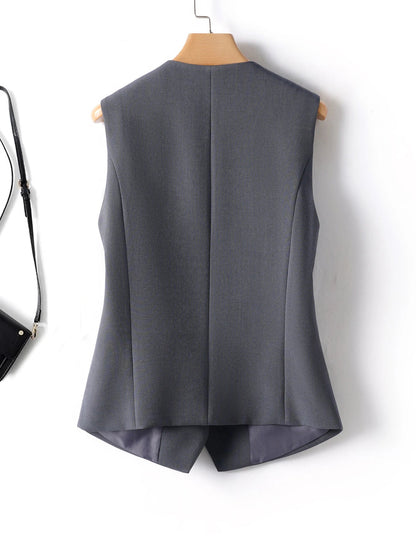 Short V-Neck Suit Vest for Women, Spring and Autumn Slant-Buttoned Top, Perfect for Office Wear and Versatile Vest