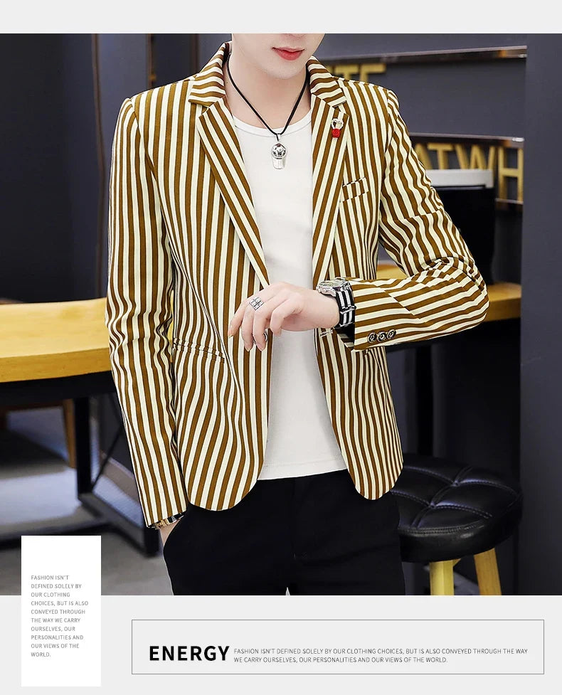 Men's Slim Fit Striped Casual Suit Jacket Korean Fashion Four Seasons New Boutique Handsome Small Suit