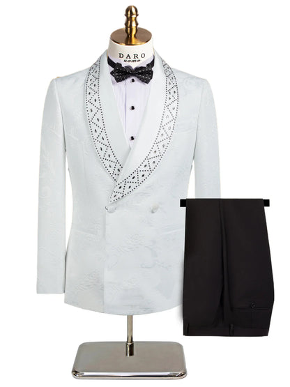 Men's Suit Jacquard Fabric Embroidery One Button 2 Pieces Blazer Pants Buckle Work Wool Wear Side Fork Wedding Prom Customized