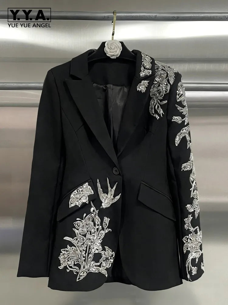 Elegant Black Suit Jacket Women Fashion Beaded Embroidery Designer Single Button New Office Ladies Banquet Luxury Blazers Coat