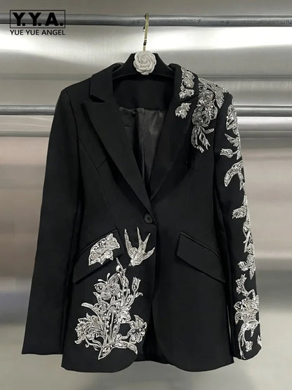 Elegant Black Suit Jacket Women Fashion Beaded Embroidery Designer Single Button New Office Ladies Banquet Luxury Blazers Coat