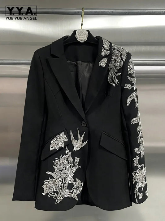 Elegant Black Suit Jacket Women Fashion Beaded Embroidery Designer Single Button New Office Ladies Banquet Luxury Blazers Coat
