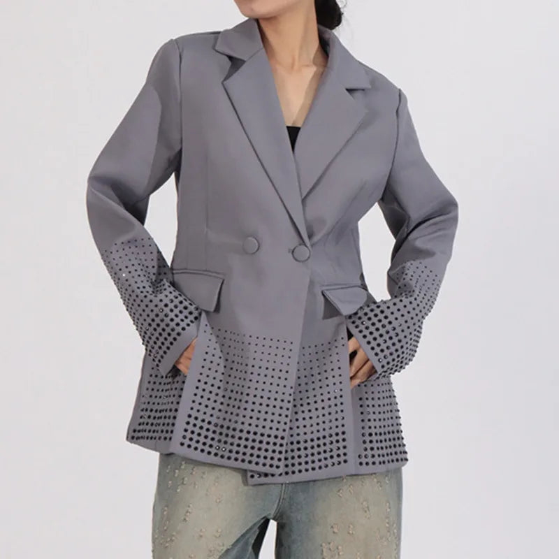 2026 Spring Autumn New Women's Blazer Notched Collar Double Breasted Split Studded Diamonds High-end Elegant Jacket HK18785