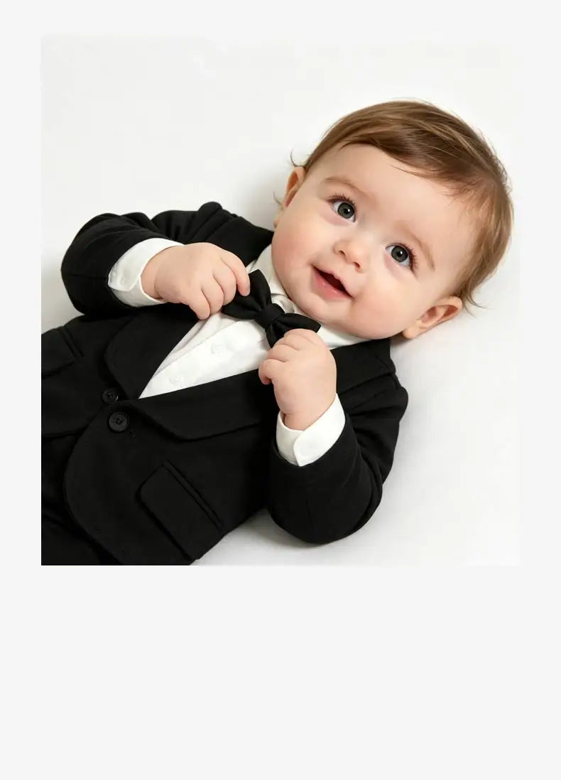 Toddler Baby Boy Black Tuxedo Romper Suit Fake Blazer Long Sleeve Jumpsuit With Bow Tie Wedding Baptism Gentleman Formal Outfit