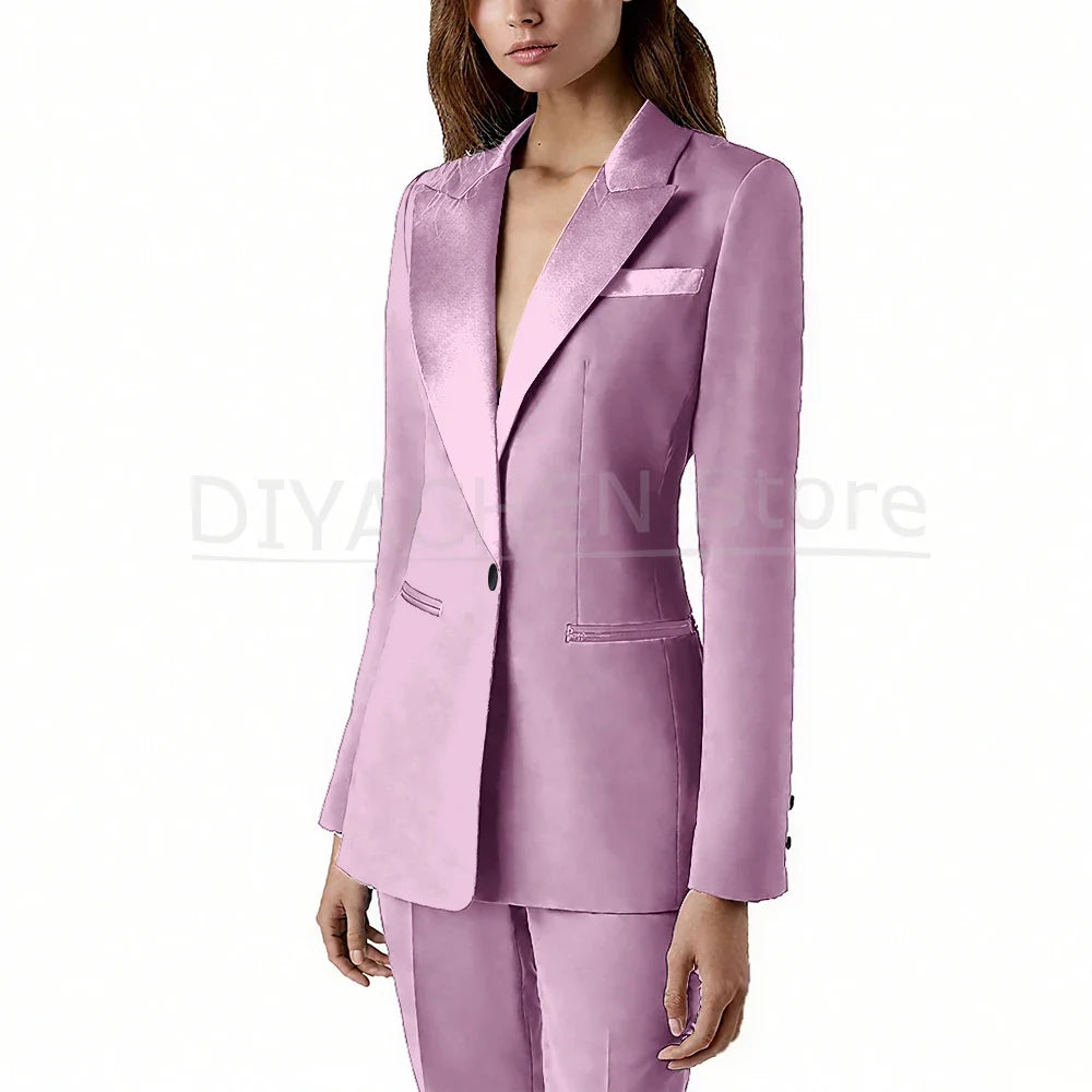 Pants Sets 2 Piece Fashion Satin Peak Lapel Single Button Solid Color Outfits Chic Casual Slim Daily Office Women's Suit