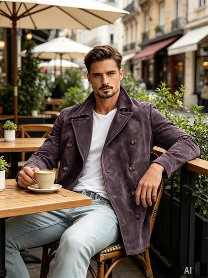 Men Faux Suede Jacket Double Breasted Lapel Collar Casual Blazer Vintage Comfort Business Office Autumn Winter Fashion Male Coat