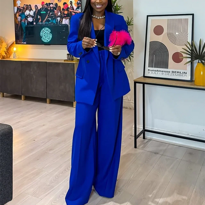 Royal Blue Double Breasted Women Suit Set Classic Fit Wide Leg Pants Formal Business Elegant Office Lady Two Piece Outfit Loose