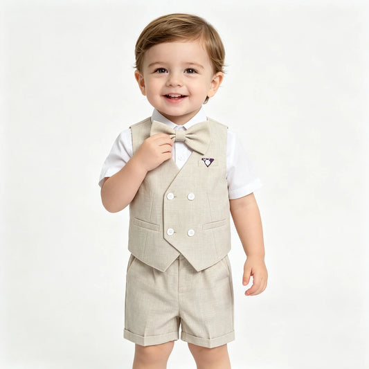 Summer Linen Toddler Boy Formal Suit Set Vest Shorts Bow Tie Infant Gentleman Tuxedo For Wedding Birthday Party Page Boy Clothe