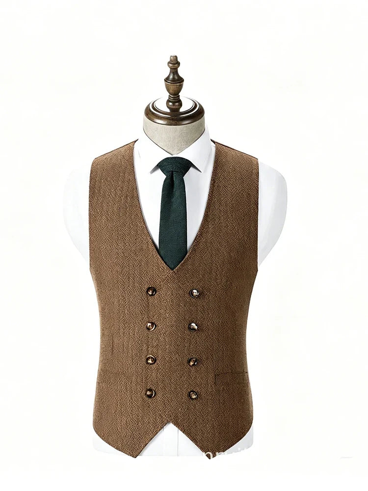 Men's Herringbone Vest – Double Breasted V-Neck Waistcoat for Weddings & Formal Occasions