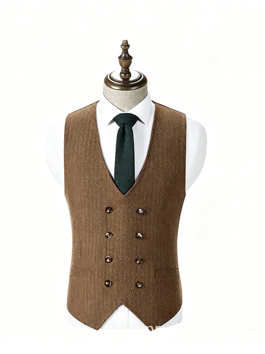 Men's Herringbone Vest – Double Breasted V-Neck Waistcoat for Weddings & Formal Occasions