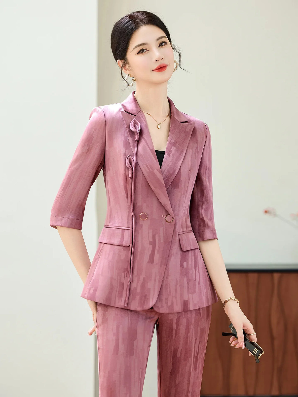 Spring Ladies Pant Suit Women Pink Wine Red Female Business Work Wear Half Sleeve Jacket and Trouser Formal 2 Piece Set Blazer