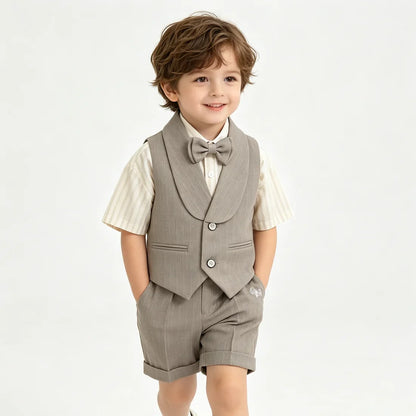 3Pcs Toddler Boy Gray Vest Suit Striped Short Sleeve Shirt Bow Tie Shorts Kids Wedding Baptism Birthday Gentleman Formal Outfit