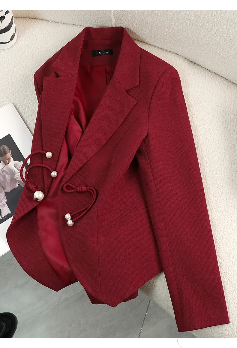 Elegant National Style Buckle Pants Suit  2024 Autumn New Professional Temperament Slim Blazer And Pants Office Ladies Work Wear