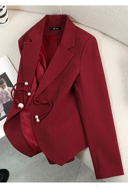 Elegant National Style Buckle Pants Suit  2024 Autumn New Professional Temperament Slim Blazer And Pants Office Ladies Work Wear