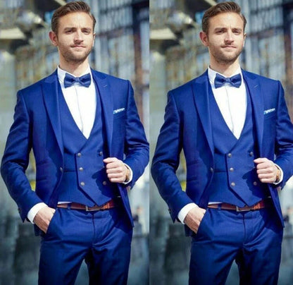 3 Piece Royal Blue Men's Suit Peak Lapel Blazer Slim Fit Elegant Wedding Set for Party Prom Office High Quality Men's Clothing