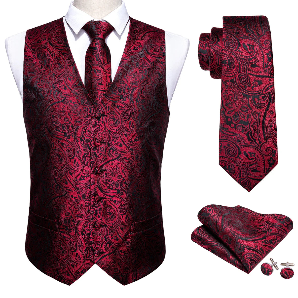 Men's Jacquard Floral V-Neck Suit Vest & Matching Tie Set, Formal Fit Waistcoat for Wedding, Prom, Business Party