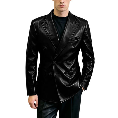 Vintage Men's Brown Leather Blazer Double Breasted Peak Lapel Slim Fit Suit Jacket High Quality Fashion Sport Coat Business Casu