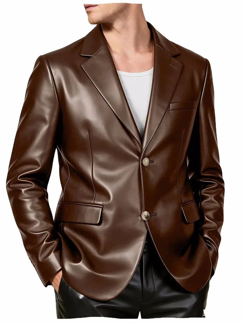 Men's Faux Leather Blazer Single Breasted Slim Jacket Fit Formal Outer Jacket for Business Wedding Party Business Daily Wear