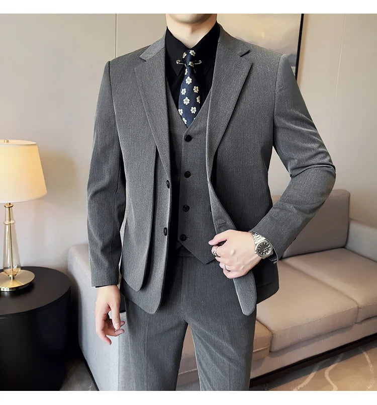 British Style Fake Two-piece Suit Set Men's Wedding Groom Dress 3 Piece Set Suit Vest Trousers Slim Office Business Casual Suits