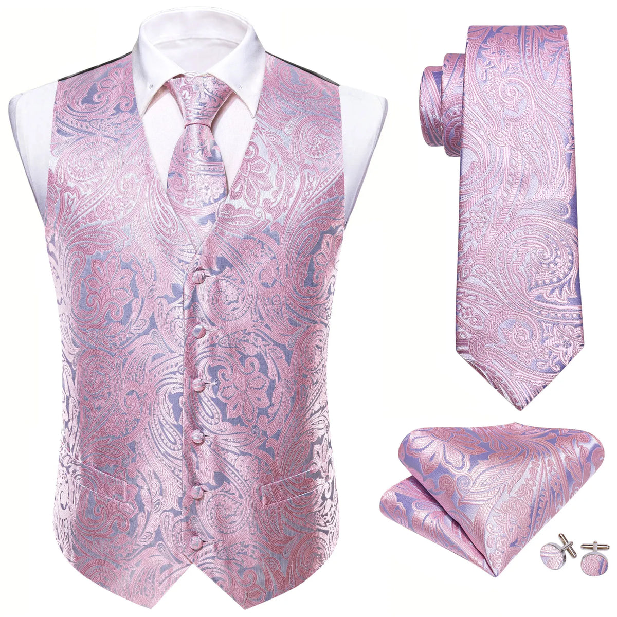 Men's Jacquard Waistcoat 4-Piece Set with Necktie Pocket Square and Cufflinks for Wedding and Formal Occasions