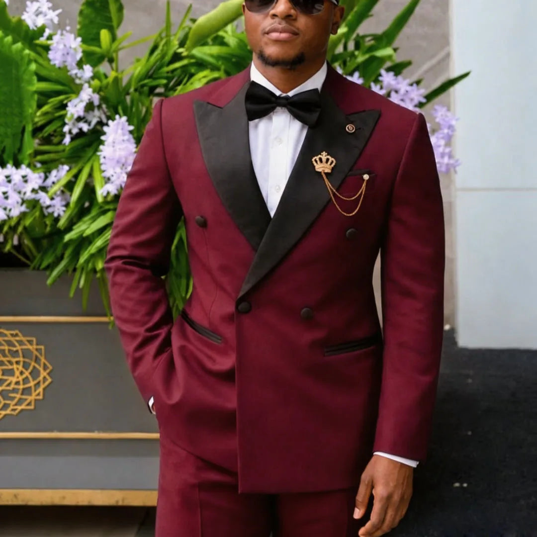 Men Suit Black 2 Piece Double Button With Bright Lapel For Wedding Groom Birthday Party Banquet Business Work Suit Jacket Pants