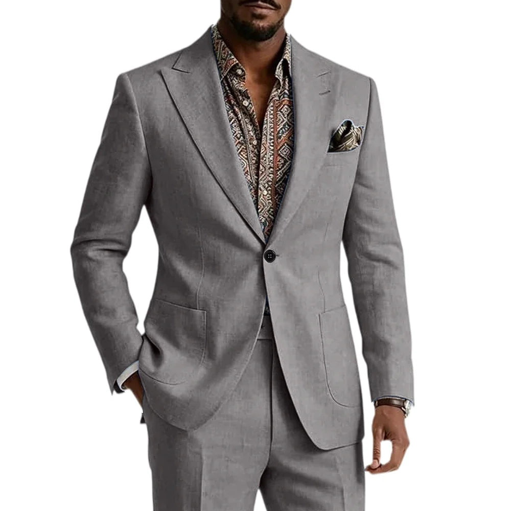 Men's Linen Blend Suit 2 Pieces Set Solid Color Peak Lapel Slim Fit One Button Jacket Pants Formal Outfit Wedding Business Casua