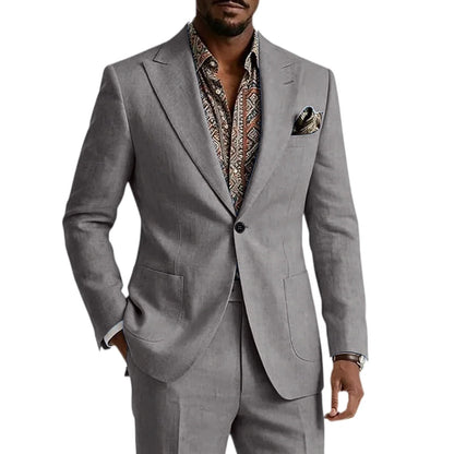 Men's Linen Blend Suit 2 Pieces Set Solid Color Peak Lapel Slim Fit One Button Jacket Pants Formal Outfit Wedding Business Casua