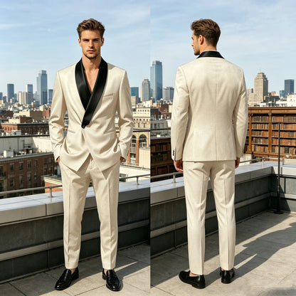Men's Slim Fit Tuxedo Suit with Black Satin Shawl Lapel – 2-Piece Blazer & Pants for Wedding, Prom & Formal Events