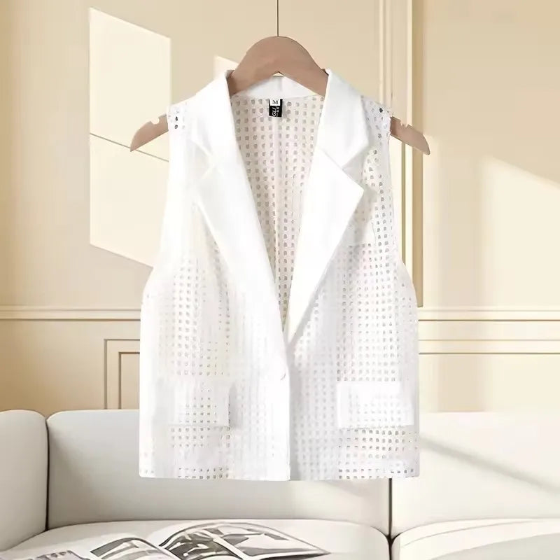 2026  Summer New Women's Openwork Coat Knitted Vest Cardigan Thin  Tops Female Fashion Loose Ladies Outwear Waistcoat Stitching