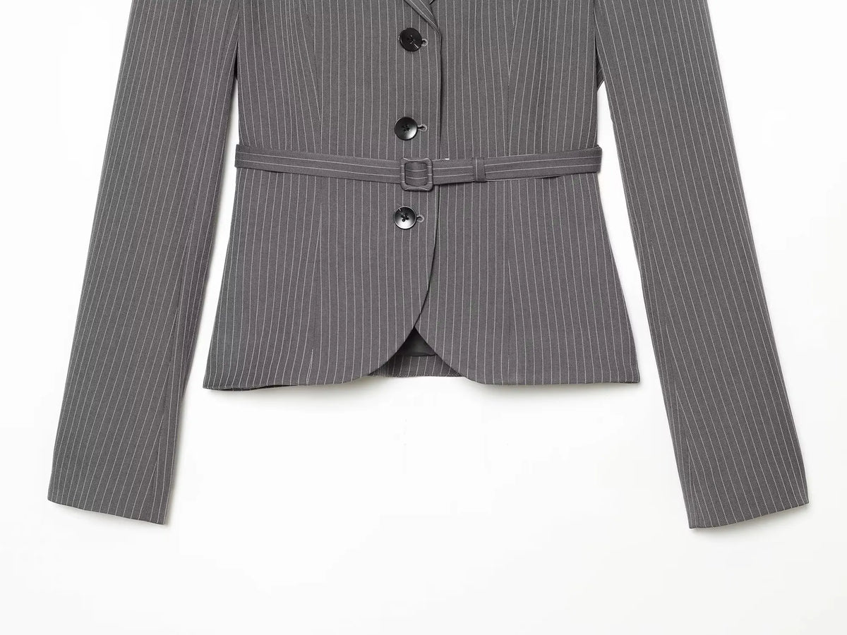 Elegant Women's Striped Blazer With Belt 2026 Spring Autumn Lapel Long Sleeves Single Breasted Slim Trendy Office Lady Suit
