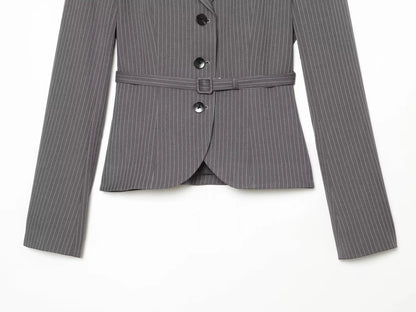 Elegant Women's Striped Blazer With Belt 2026 Spring Autumn Lapel Long Sleeves Single Breasted Slim Trendy Office Lady Suit