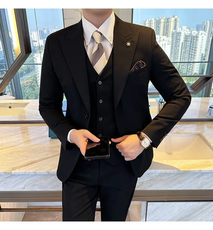 (Blazer + Vest + Trousers) 2024 New Men Formal Business Solid Suit 3 Pieces Set Italian Style Luxury Wedding Social Party Tuxedo