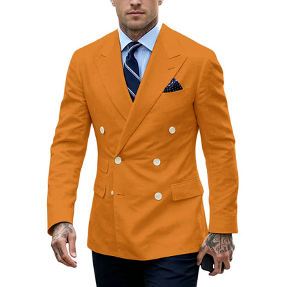 Men's Double Breasted Blazer Slim Fit Linen Suit Jacket Formal Business Casual Tuxedo for Wedding Prom Office Party Daily Wear