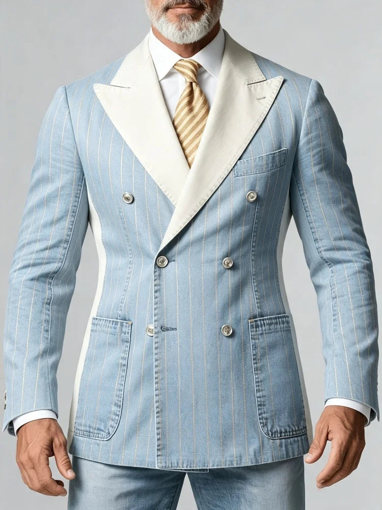 Mens Slim Fit Striped Contrast Lapel Faux Denim Double Breasted Blazer Vintage Daily Business Casual Jacket