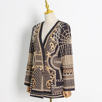 Autumn New Women's Elegant Fashion Luxury Heavy Craft Beaded Printed Coat Stylish V-neck Long Sleeve High-end Blazer HK8297