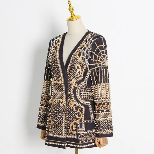 Autumn New Women's Elegant Fashion Luxury Heavy Craft Beaded Printed Coat Stylish V-neck Long Sleeve High-end Blazer HK8297