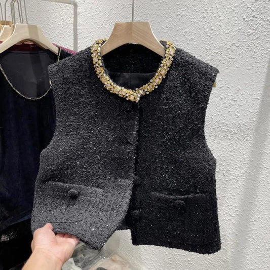 Elegant Diamond-studded Neckline Small Fragrance Vest 2025 New Femme Tweed Sleeveless Vintage Casual Waistcoat  Trendy Basic Top