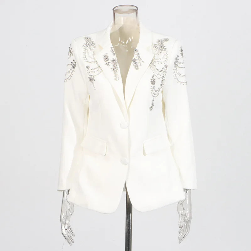 Autumn New Women Stylish Blazer Heavy Craft Beaded Studded Diamonds Single Breasted Elegant Temperament Fashion Coat HK9958
