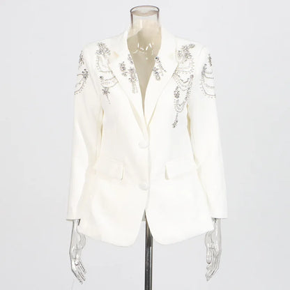 Autumn New Women Stylish Blazer Heavy Craft Beaded Studded Diamonds Single Breasted Elegant Temperament Fashion Coat HK9958
