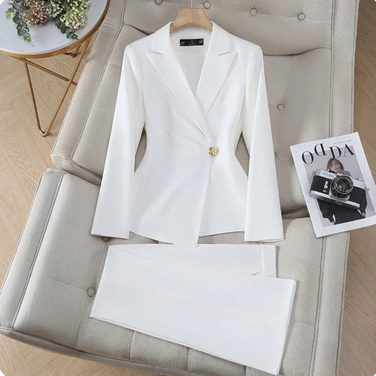 Elegant Chic One Button Blazer Pants Set for Woman 2 Pieces Sets Autumn Office Lady Work Jacket and Trousers Suit White